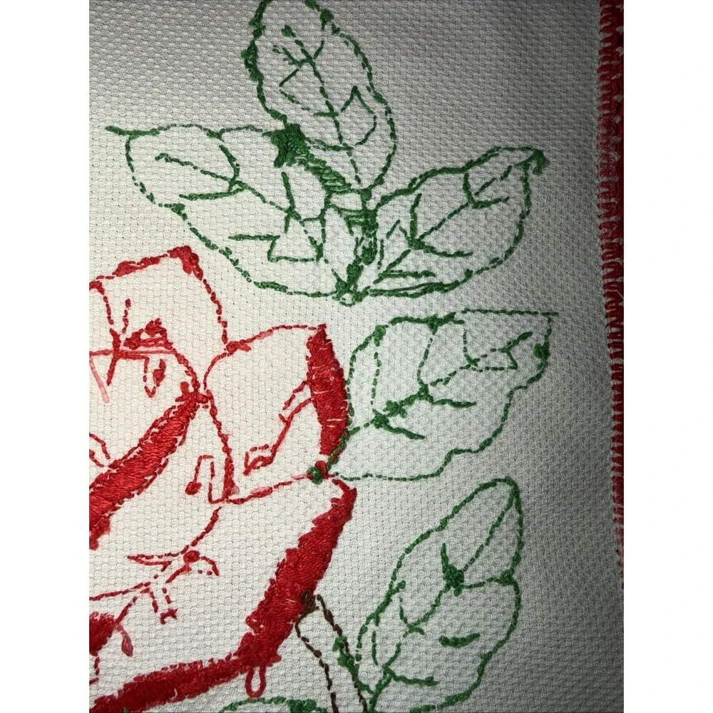 Antique Floral Table Runner Pink Rose Cross Stitch Farmhouse Cottagecore 43x16”